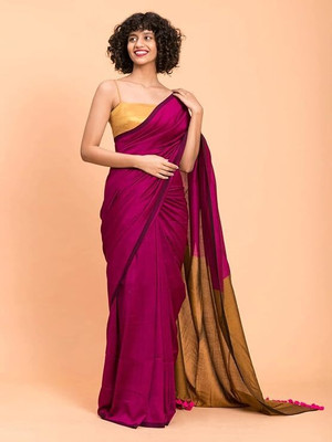 STRADHA Solid/Plain Daily Wear Cotton Blend Saree(Gold)