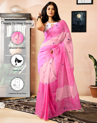 Samah Floral Print, Geometric Print, Printed Daily Wear Chanderi, Cotton Blend Saree(Pink)