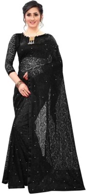 Vragi Floral Print Bollywood Net Saree(Black)