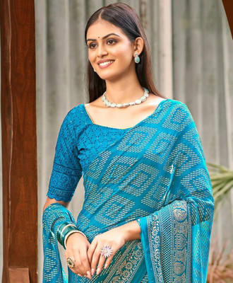 Sanskriti Synthetics Floral Print Handloom Chiffon Saree(Light Blue)