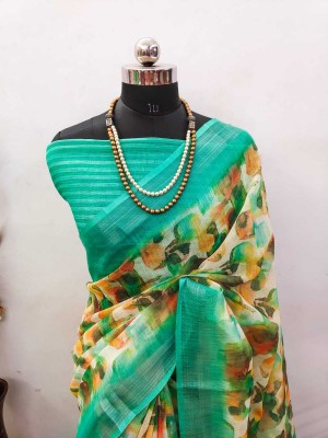 Saaransh Woven, Graphic Print, Digital Print Kanjivaram Linen, Cotton Silk Saree(Green)