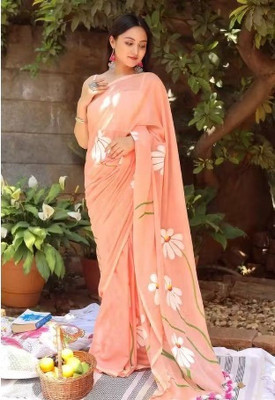 Shubharam Floral Print, Printed Bollywood Linen, Cotton Blend Saree(Orange)