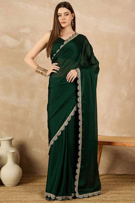 Peachmode Solid/Plain Bollywood Chiffon Saree(Green)