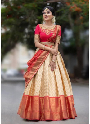OASIS Self Design Semi Stitched Lehenga Choli(Beige, Red)