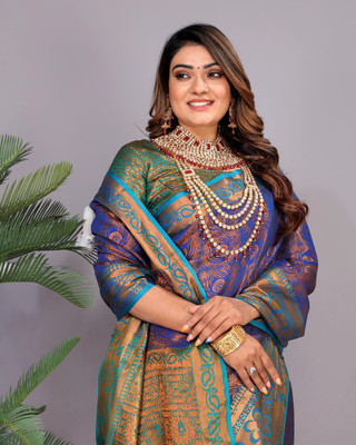 Jay fashion Self Design Banarasi Art Silk, Silk Blend Saree(Blue)