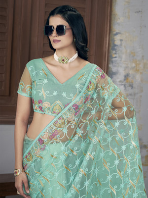 ANOUK Embroidered Bollywood Net Saree(Light Green)