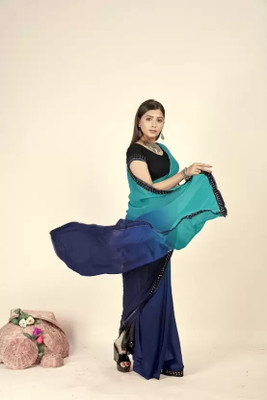 SNIXTY Solid/Plain, Embellished Daily Wear Georgette Saree(Dark Blue)