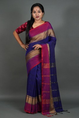 Rnn Self Design Handloom Pure Cotton Saree(Blue)