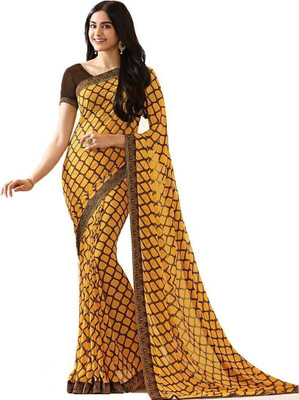 ROOP SUNDARI SAREES Checkered, Printed Bollywood Georgette Saree(Brown, Yellow)