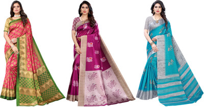YASHIKA Woven, Printed Kalamkari Art Silk Saree(Pack of 3, Pink, Purple, Grey, Blue)