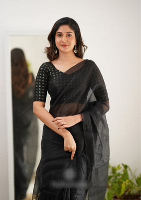 shringaar Solid/Plain Handloom Tissue Saree(Black)