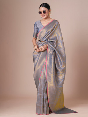 Sareemall Woven Kanjivaram Silk Blend Saree(Silver)