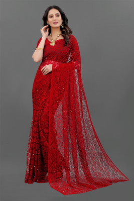 DHARMEE Embellished Bollywood Net, Brasso Saree(Red)