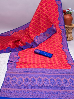 Miswa Woven Kanjivaram Pure Silk, Art Silk Saree(Red, Light Blue)