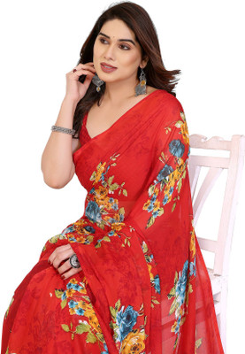 Priyashi Floral Print Daily Wear Georgette Saree(Red)