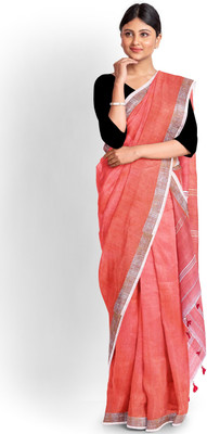 PuJoy Self Design, Solid/Plain Handloom Cotton Blend Saree(Orange)