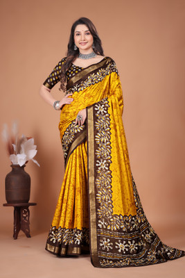 Harshita Sarees Floral Print, Woven, Printed Bollywood Cotton Silk Saree(Mustard)