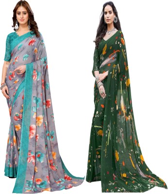 ANIRAV Printed Daily Wear Georgette Saree(Pack of 2, Blue, Green)