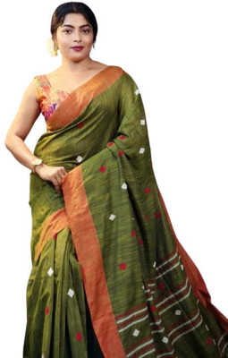 ANU INDIAN FASHION Woven, Striped, Geometric Print Handloom Cotton Blend Saree(Dark Green, Red, Orange)