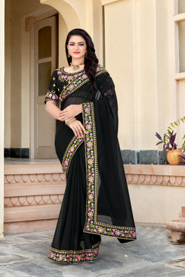Tejal Creation Self Design Bollywood Georgette Saree(Black)
