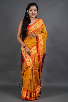 HouseOfCommon Solid/Plain Handloom Cotton Silk Saree(Yellow, Red)