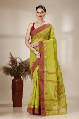DENLINFABRICS Woven Tant Cotton Blend Saree(Green)