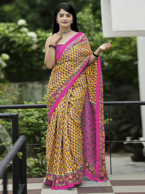 Tasrika Printed Daily Wear Cotton Blend Saree(Yellow)