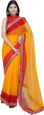 kaccha Soot Embroidered Handloom Georgette Saree(Red, Yellow)