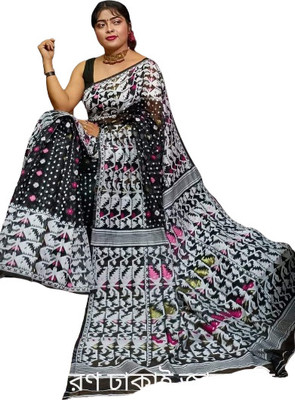 M STORE Woven Jamdani Cotton Silk Saree(Black)