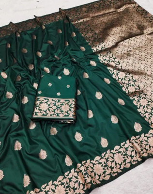 Sitaram Sensational Sarees Floral Print, Embellished, Woven Banarasi Silk Blend, Cotton Silk Saree(Dark Green)