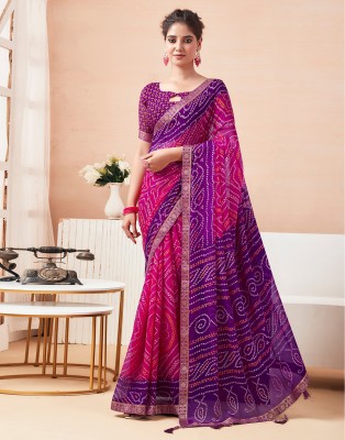 Satrani Printed Bandhani Chiffon, Lace Saree(Purple, Multicolor)