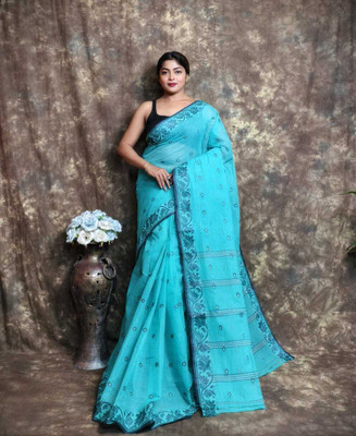 TANTSHREE Self Design Tant Pure Cotton Saree(Light Blue)