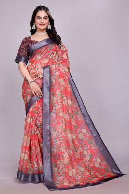 HIYAMI Printed Bollywood Cotton Linen Saree(Red)
