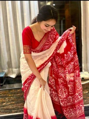 BiswasTextiles Self Design Handloom Cotton Blend Saree(Red)