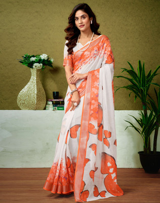 Divastri Digital Print, Floral Print, Printed Bollywood Linen Saree(White, Orange)