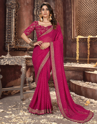 Satrani Printed, Embroidered, Embellished Leheria Georgette, Lace Saree(Pink)