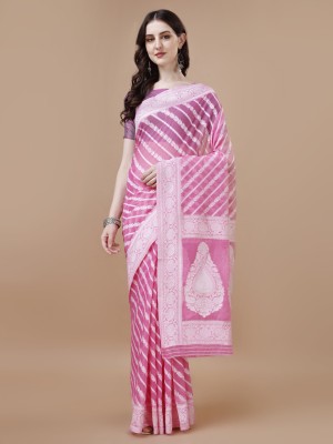 Divastri Striped, Woven, Embellished, Floral Print Banarasi Pure Cotton Saree(Pink)