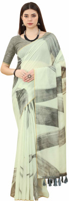 SILK ZONE Striped Chanderi Cotton Blend Saree(White)