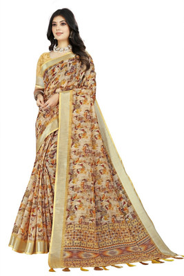 J6 Designers Floral Print Bollywood Cotton Blend Saree(Beige)