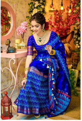 YINATZ KY GRACIA CREATION Woven Mekhela Chador Silk Blend Saree(Blue)