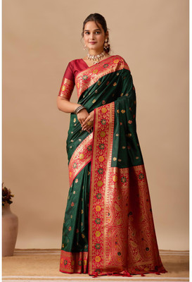 Kathavastra Floral Print, Woven Banarasi Silk Blend Saree(Green)