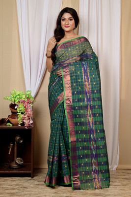 DipDiya Checkered Tant Pure Cotton Saree(Green)
