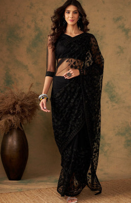 zili Embroidered Bollywood Net Saree(Black)