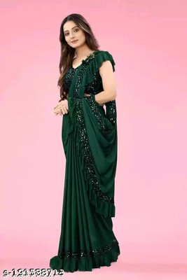 PLEXSTAR Self Design, Checkered, Embellished, Solid/Plain Bollywood Lycra Blend Saree(Green)