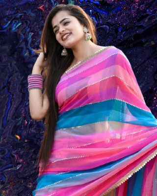 SHOBHTESH Digital Print, Printed, Striped Leheria Georgette Saree(Multicolor)