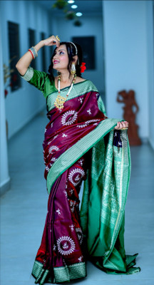 ZIMAL HANDLOOM Embroidered Sambalpuri Satin Saree(Purple, Green)