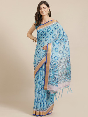 Divastri Geometric Print Kalamkari Linen Saree(Blue)