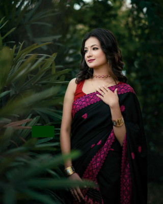 ROSEVILLA Applique Mekhela Chador Cotton Blend Saree(Black)