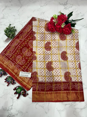 KRISHNA NX Printed Bandhani Pure Cotton Saree(White, Red)