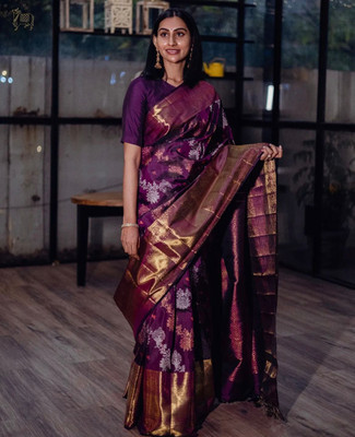 Spetila Woven, Embellished Kanjivaram Silk Blend, Art Silk Saree(Purple)
